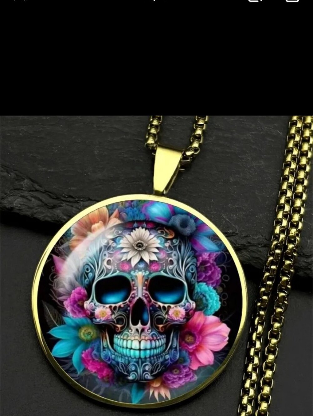 Gold-Tone Floral Sugar Skull Pendant Necklace - Multicolor